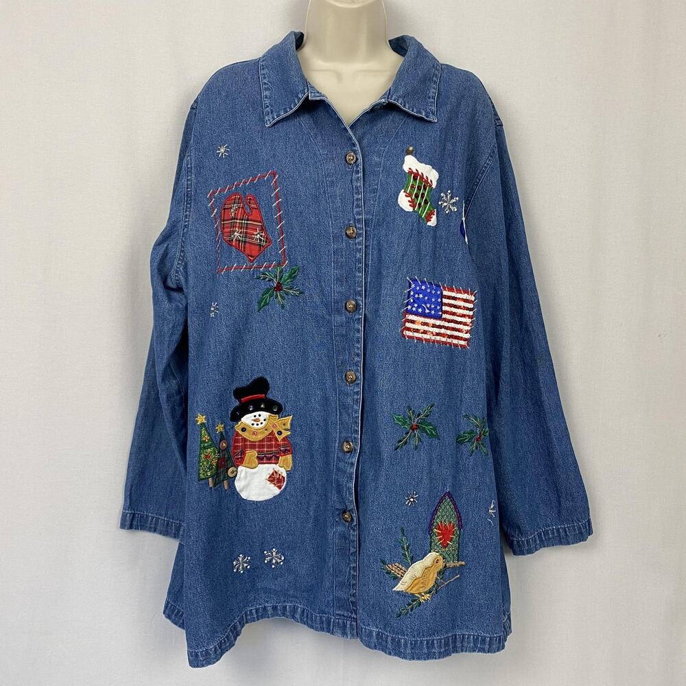 Vintage Christmas Denim Shacket Womens 1X Embroidered Americana Button Up Top